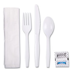 Boardwalk® Six-Piece Cutlery Kit, Condiment/Fork/Knife/Napkin/Teaspoon, White, 250/Carton