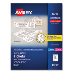 Avery® Printable Tickets with Tear-Away Stubs, 97 Bright, 65 lb Cover Weight, 8.5 x 11, White, 10 Tickets/Sheet, 50 Sheets/Pack