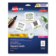 Avery® Square Clean Edge Cards with Sure Feed Technology, Laser, 2.5 x 2.5, White, 180 Cards, 9 Cards/Sheet, 20 Sheets/Pack