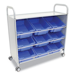 Gratnells Callero Tilted Tray Trolley Set 01, Metal, 1 Shelf, 9 F2 Deep Bins, 40.6" x 17.3" x 41.5", Silver/Royal Blue