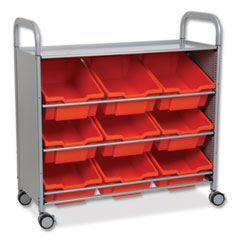 Gratnells Callero Tilted Tray Trolley Set 01, Metal, 1 Shelf, 9 F2 Deep Bins, 40.6" x 17.3" x 41.5", Silver/Flame Red