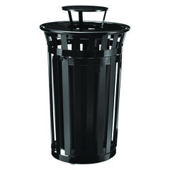 Outdoor Slatted Steel Trash Can, With Access Door and Rain Bonnet Lid, 36 gal, Black