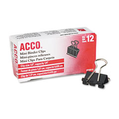 ACCO Mini Binder Clips, Steel Wire, 1/4" Cap, 1/2"w, Black/Silver, Dozen