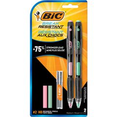 BIC® Break-Resistant Mechanical Pencils with Erasers, 0.7 mm, HB (#2), Black Lead, Green and Pink Barrel Colors, 2/Pack
