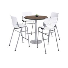 Pedestal Bistro Table with Four White Kool Series Barstools, Round, 36" Dia x 41h, Studio Teak