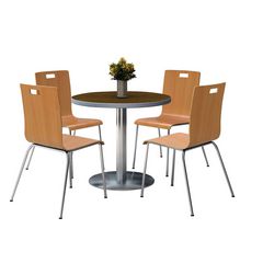 KFI Studios Pedestal Table with Four Natural Jive Series Chairs, Round, 36" Dia x 29h, Walnut, Ships in 4-6 Business Days