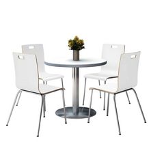 Pedestal Table with Four White Jive Series Chairs, Round, 36" Dia x 29h, Crisp Linen, Ships in 4-6 Business Days