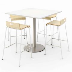Pedestal Bistro Table with 4 Natural Jive Series Barstools, Square, 36 x 36 x 41, Designer White, Ships in 4-6 Business Days