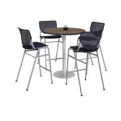 Pedestal Bistro Table with Four Black Kool Series Barstools, Round, 36" Dia x 41h, Studio Teak
