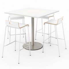 Pedestal Bistro Table with Four White Jive Series Barstools, Square, 36 x 36 x 41, Designer White