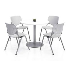 Pedestal Table with Four Light Gray Kool Series Chairs, Round, 36" Dia x 29h, Designer White