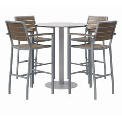 Eveleen Outdoor Bistro Patio Table with Four Mocha Powder-Coated Polymer Barstools, Round, 41"h, Gray