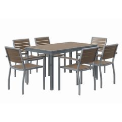 Eveleen Outdoor Patio Table with Six Mocha Powder-Coated Polymer Chairs, 32 x 55 x 29, Mocha