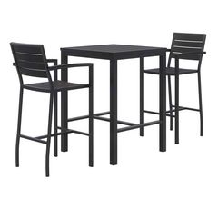 Eveleen Outdoor Bistro Patio Table with Two Black Powder-Coated Polymer Barstools, 30" Square, Black