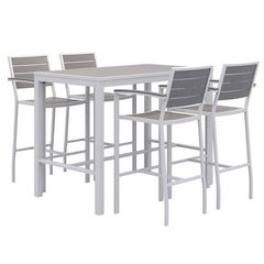 Eveleen Outdoor Bistro Patio Table with Four Gray Powder-Coated Polymer Barstools, 32 x 55, Gray