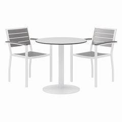 Eveleen Outdoor Patio Table with Two Gray Powder-Coated Polymer Chairs, 30" Dia x 29h, Designer White