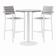Eveleen Outdoor Bistro Patio Table, Two Gray Powder-Coated Polymer Barstools, Round, 30" Dia x 41h, White