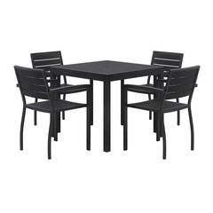 Eveleen Outdoor Patio Table with Four Black Powder-Coated Polymer Chairs, Square, 35", Black, Ships in 4-6 Business Days