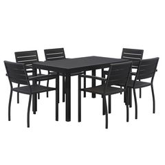 Eveleen Outdoor Patio Table with Six Black Powder-Coated Polymer Chairs, 32 x 55 x 29, Black