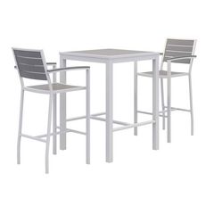 Eveleen Outdoor Bistro Patio Table with Two Gray Powder-Coated Polymer Barstools, 30" Square, Gray