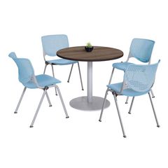 Pedestal Table with Four Sky Blue Kool Series Chairs, Round, 36" Dia x 29h, Studio Teak