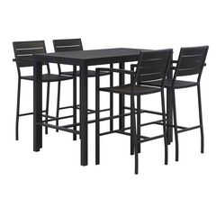 Eveleen Outdoor Bistro Patio Table with Four Black Powder-Coated Polymer Barstools, 32 x 55, Black