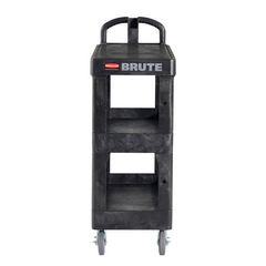 Rubbermaid® Commercial BRUTE 3-Shelf Heavy-Duty Ergo Flat Utility Cart, Resin, 3 Shelves, 600 lb Capacity, 25.24" x 48.63" x 46.18", Black