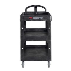 Rubbermaid® Commercial BRUTE 3-Shelf Heavy-Duty Ergo Lipped Utility Cart, Resin, 3 Shelves, 600 lb Capacity, 25.24" x 44" x 47", Black