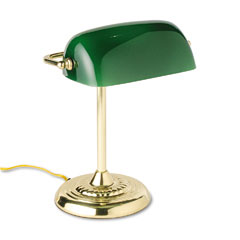 Traditional Incandescent Banker’s Lamp, Green Glass Shade, Brass Base, 14 Inches