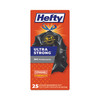 Hefty Ultra Flex Waste Bags, 30 gal, 1.05 mil, 6 x 2.1, Black, 150/Carton