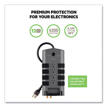 Pivot Plug Surge Protector, 12 AC Outlets, 8 ft Cord, 4,320 J, Gray