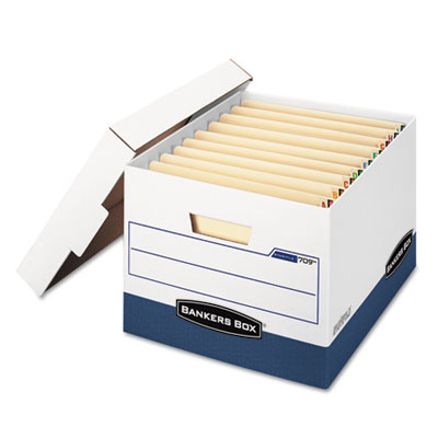 Bankers Box 4-Pack HANG'N'STOR Medium-Duty File Storage Boxes - FastFold Assembly, Lift-Off Lid, Letter Size, White/Blue