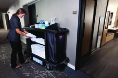 Housekeeping Cart, Plastic, 3 Shelves, 2 Bins, 22