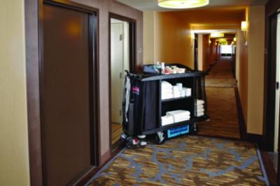 Housekeeping Cart, Plastic, 3 Shelves, 2 Bins, 22