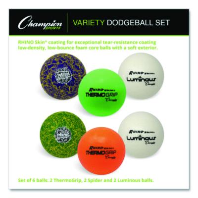 Champion Sports Rhino Skin Variety Dodgeball Set, 6.3" Diameter, Luminous/Spider/ThermoGrip, 6/Set (CSIRXVARIETYSET) CSIRXVARIETYSET
