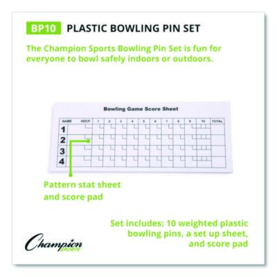 Champion Sports Plastic Bowling Pin Set, White, 10/Set (CSIBP10) CSIBP10