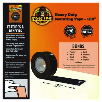 Heavy Duty Mounting Tape, Permanent, Holds Up to 60 lb (1 lb per 2 in), 1 x 120, Black
