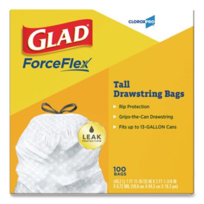 CloroxPro ForceFlex Tall Kitchen Drawstring Trash Bags, 13 gal, 24 x 27.38, Gray, 100 Bags/Box, 4 Boxes/Carton