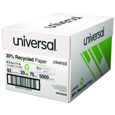 30% Recycled Copy Paper, 92 Bright, 20 lb Bond Weight, 8.5 x 11, White, 500 Sheets/Ream, 10 Reams/Carton, 40 Cartons/Pallet