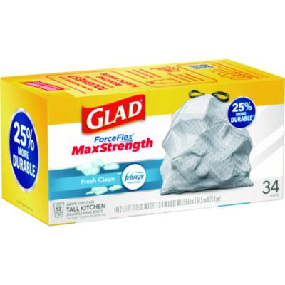 ForceFlex MaxStrength Tall Kitchen Drawstring Trash Bags, 13 gal, Fresh Clean Scent, 24 x 28, White, 34/Box, 6 Boxes/Carton