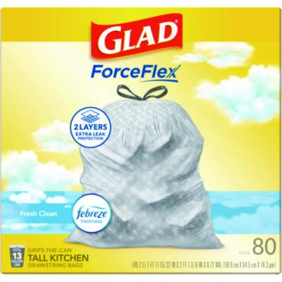 ForceFlex Kitchen Drawstring Trash Bags, 13 gal, Gain Fresh Clean Scent, 24 x 27.38, White, 80/Box
