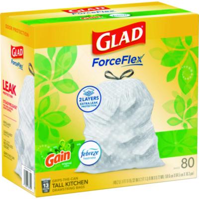 ForceFlex Kitchen Drawstring Trash Bags, 13 gal, Gain Original Scent, 24 x 27.38, White, 80/Box
