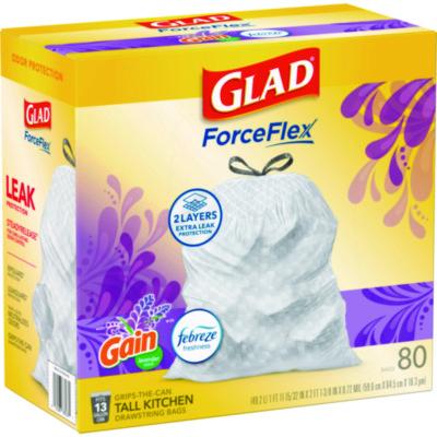 ForceFlex Kitchen Drawstring Trash Bags, 13 gal, Gain Lavender Scent, 24 x 27.38, White, 80 Bags/Box, 3 Boxes/Carton