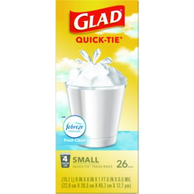 OdorShield Quick-Tie Small Trash Bags, Tie-Flap, 4 gal, Febreze Fresh Clean Scent, 8 x 18, White, 26 Bags/Box, 6 Boxes/Carton