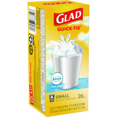 OdorShield Quick-Tie Small Trash Bags, Tie-Flap, 4 gal, Febreze Fresh Clean Scent, 8 x 18, White, 26 Bags/Box, 6 Boxes/Carton