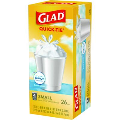 OdorShield Quick-Tie Small Trash Bags, Tie-Flap, 4 gal, Febreze Fresh Clean Scent, 8 x 18, White, 26 Bags/Box, 6 Boxes/Carton