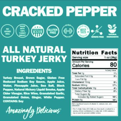 Turkey Jerky, Cracked Pepper Turkey, 1 oz Bag, 12 Bags/Carton