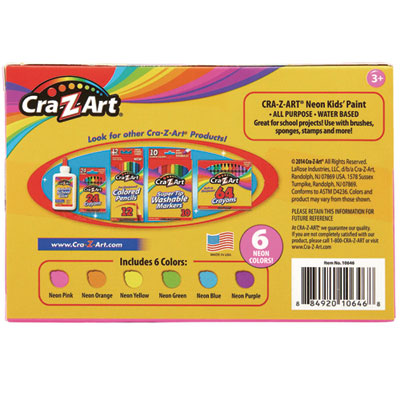 Cra-Z-Art Neon Washable Kids%27 Paint, 6 Assorted Neon Colors, 2 Oz Bottle, 6/pack (CZA106466) CZA106466