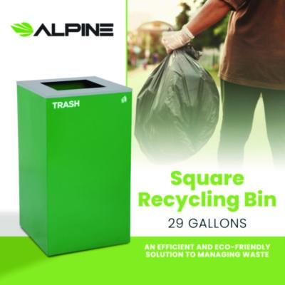 Alpine Industries 29 Gallon Trash/Recycling Cans, Steel, Green Trash Can with Square Lid (ALH4450KITGRNST) ALH4450KITGRNST