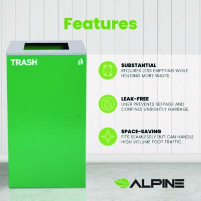 Alpine Industries 29 Gallon Trash/Recycling Cans, Steel, Green Trash Can with Square Lid (ALH4450KITGRNST) ALH4450KITGRNST